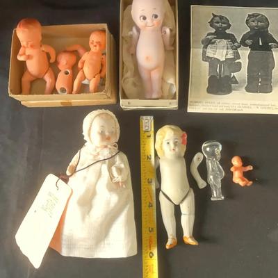 8 Vintage Bisque Dolls & Glass Doll Perfume Holder