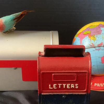3 Vintage Banks - Cast Iron USPS Letterbox, Tin Ohio Arts Globe, Tin Mailbox