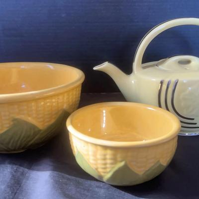 Yellow Hall Basket Teapot & 2 Shawnee Corn Bowls