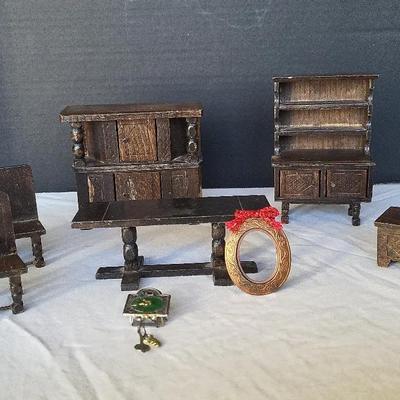 9 Pieces Of Miniature Doll House Furniture - Dark Wood