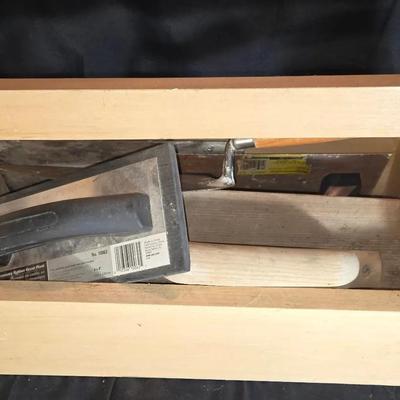 Assortment Of Hand Trowels And Floats With Wood Box