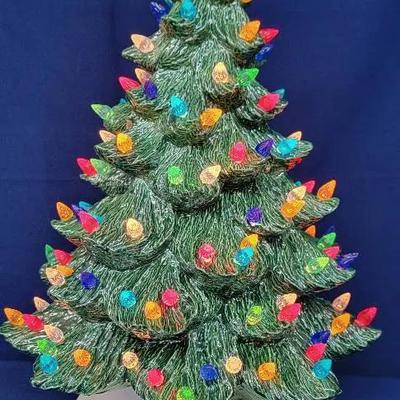 Ceramic Green Christmas Tree With Holly Base From Vintage Mold