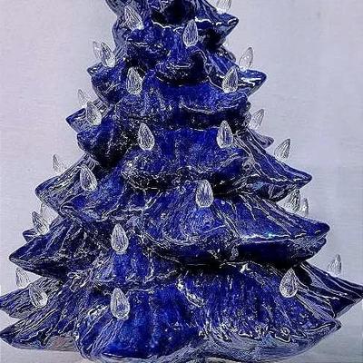 Cobalt/Pearl Ceramic Christmas Tree With White Base From Vintage Mold