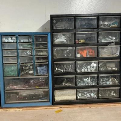 Hardware Storage Cabinets Filled with Assorted Screws, Bolts, & Fasteners (Blue & Black Set)