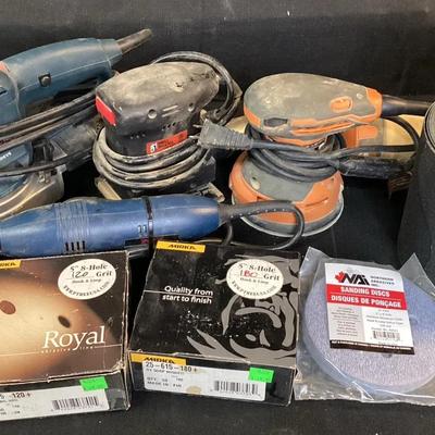 Electric Sanders (Bosh, Ryobi, Rigid) & Assorted Sandpaper Supplies (More Pictured)