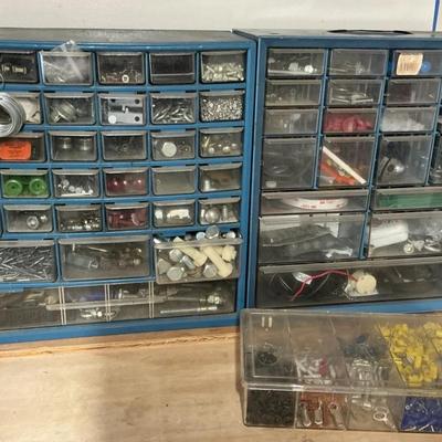 Blue Hardware Organizer Cabinets Loaded with Assorted Fasteners & Electrical Connectors