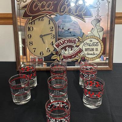 Coca-Cola Mirrored Clock and Set of Drinking Glasses