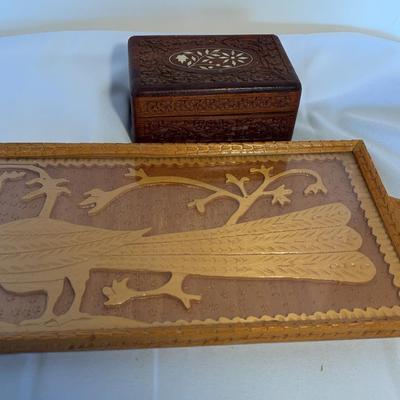 Iranian Lemon Wood Inlaid Box And Peacock Tray