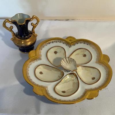 Limoges Gold Detailed Oyster Plate And Vase French