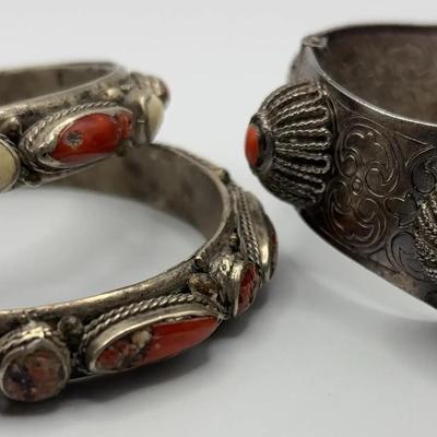 Three South Moroccan Bracelets With Coral And Bone Inset