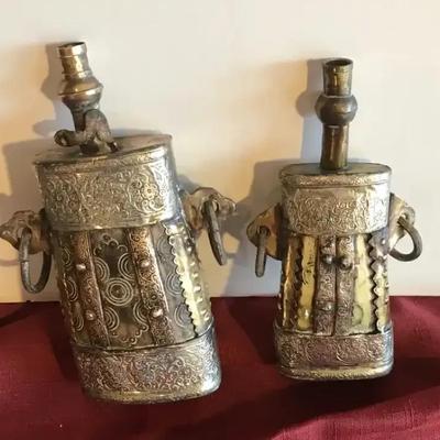 Pair Of Ornate Black Powder Horns From Morocco