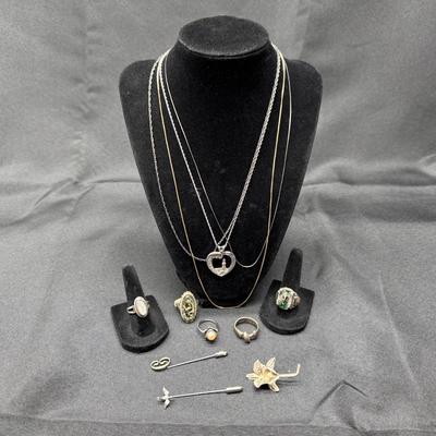 Sterling Silver 925 Jewelry Lot | Rings, Chains, Stick Pins & Accent Pieces | 47g Total Weight