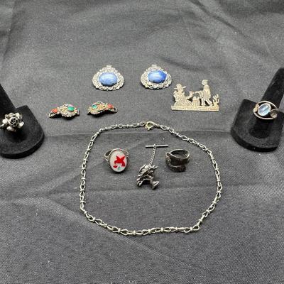 Silver Tone Jewelry Lot | Rings, Earrings, Bracelet & Western Brooches