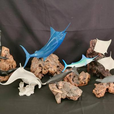 John Perry Sculptures Lot | Dolphins, Manta Rays, Swordfish & Sea Life on Burlwood Like Bases