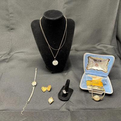 Gold Filled Vintage Jewelry Lot | Gruen Watch, Lockets, Cross Pendant, Bracelet & Cocktail Ring