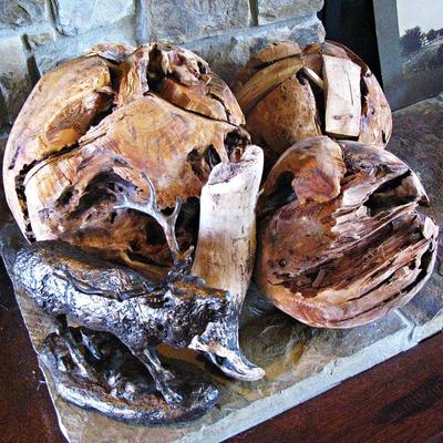 Sale Photo Thumbnail #50: Vintage Large Teak Petrified Round Sculpted Wood  Balls / Bronze Elk Sculpture 