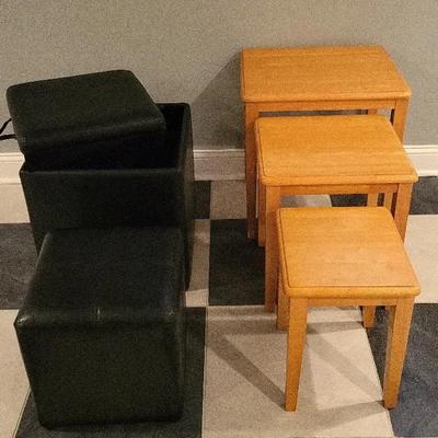 3 Wood Nesting Tables & 2 Storage Cubes W/tray