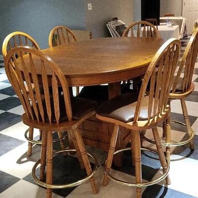 Oak High-top Table W/ 6 Bar Stools