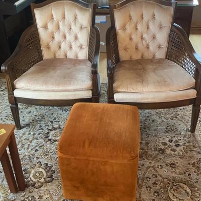 Pair Of Vintage Cane-back Barrel Armchairs W/Velvet Upholstery & Ottoman