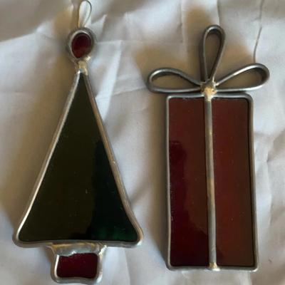 Christmas Glass Platter & 7 Leaded Glass Ornaments 