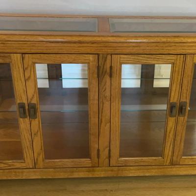 Wood & Glass Credenza W/Shelves, Mirrored Back & Beveled Glass Top