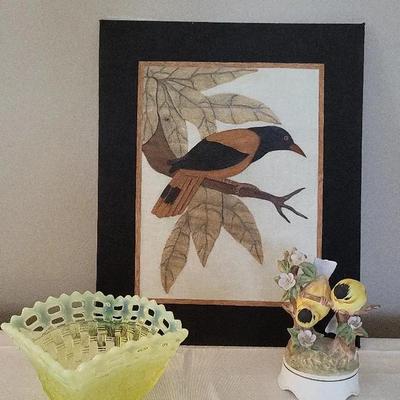 Wood 3D Bird Picture, Towle China Music Box & Lattice Glass Bowl