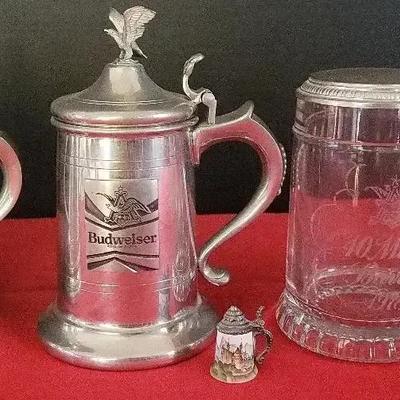 2 Pewter Steins, "40 Million Barrels" Pewter Lidded Stein, Minature Stein & Paper Weight