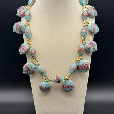 Vintage Murano-Style Lampwork Bead Necklace – Aqua Blue Wedding Cake Glass, Raised Floral Detail, Go