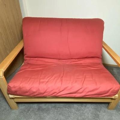 Wood Frame Futon Loveseat – Red Cushion – Solid Frame 