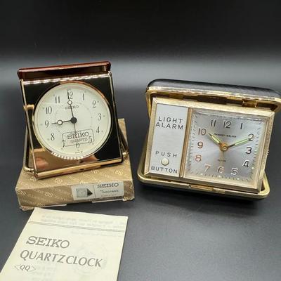 Lot of 2 Vintage Travel Alarm Clocks – Seiko Quartz Ref. QQ0169G w/ Box + Phinney-Walker Light Alarm
