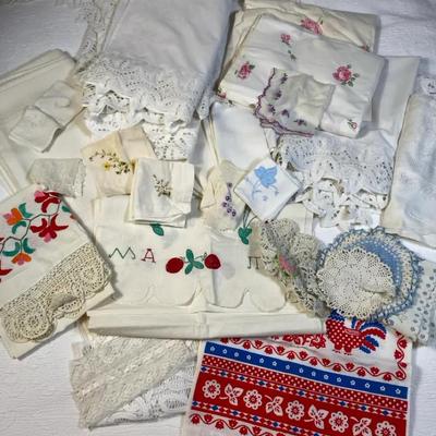 Large Lot of Vintage Linens – Embroidered, Crochet, Lace, Table Linens, Pillowcases & More 