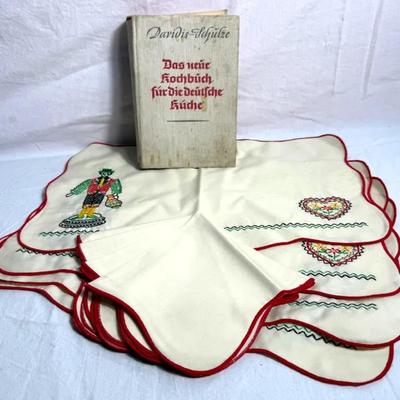 Vintage German Embroidered Table Linens Set + 1930s “Das Neue Kochbuch” Cookbook