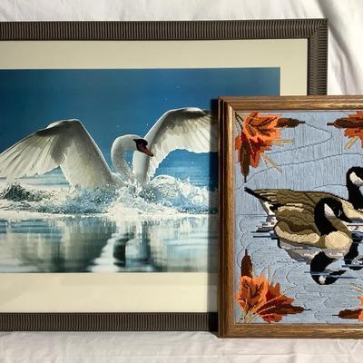 Framed Swan Photo & Vintage Crewel/Long-Stitch Geese Embroidery – Wall Art Pair