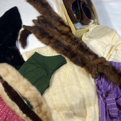 Large Lot of Vintage Clothing & Furs – Dresses, Fur Stoles, Collars, Wraps, Gloves & Vintage Shoes