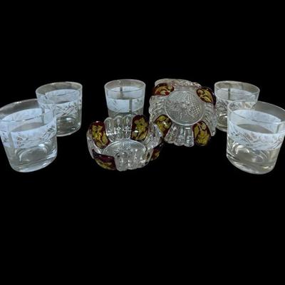 Vintage Glassware Set – 6 Wheat Pattern Glasses + Ruby Flash Enamel Bowls – Mixed Barware Lot