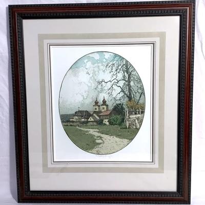 Josef Eidenberger Signed Framed Etching – European Church Landscape 