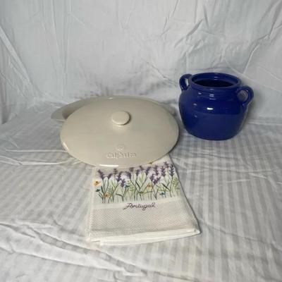 Kitchen Lot – Blue Stoneware Crock (Made in USA), Calphalon Lid, Portugal Tea Towel