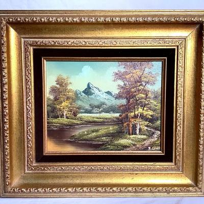 Signed Mountain River Landscape Oil Painting in Ornate Gold Frame – 17” x 15.25”
