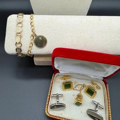 Vintage Costume Jewelry Lot – Gold-Tone Bracelets, Pendant, Green Stone Cufflinks & Starburst Cuffli