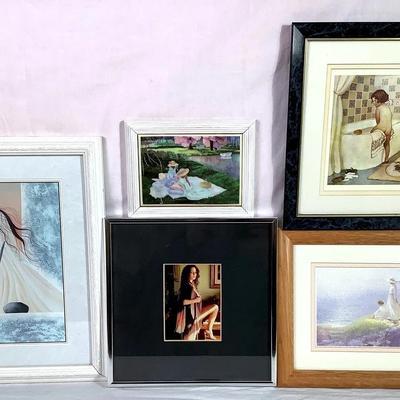 Framed Art & Photography Collection (5 Pieces) – Figurative Prints, Coastal Scene & Portrait Photo