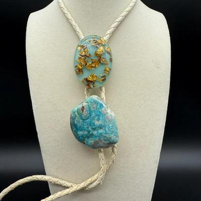 Vintage Bolo Necklace – Resin Gold-Leaf Pendant & Natural Blue Stone on Braided Cream Cord