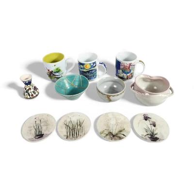 Artful Collectibles Lot – 3 Decorative Art Mugs, Handcrafted Ceramic Bowls, Bud Vase, and 4 Botanica