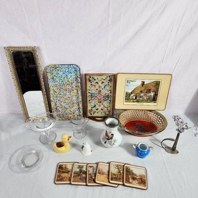 Large Mixed Vintage Home Décor Lot – Coasters, Trays, WMF Germany Vase, Ceramic Figurines, Glassware
