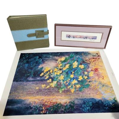 Artful Lot – “Forest Maples” Poster, Signed Paul Brent Landscape (Watercolor), and Fabric Photo Albu