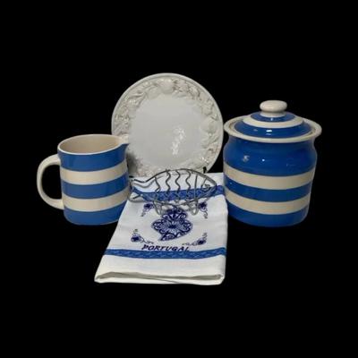 Cloverleaf Blue & White Stripe Ceramic Kitchen Set w/ Plate,Trinket Jar,Pitcher, Fish Trivet & Towel