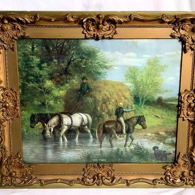 Vintage Framed Art Print – “The Ford” by A. Fox (1908 Copyright) – Ornate Gold Frame