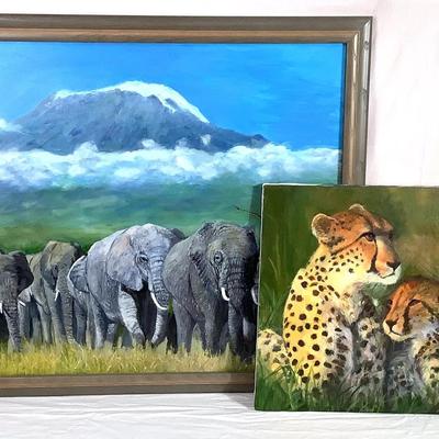 Two Signed Wildlife Oil Paintings on Canvas — Elephant Herd & Resting Cheetahs 