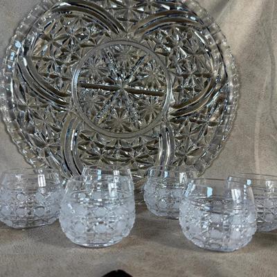 Pressed Glass Platter, Etched Rose Mugs & Cut Crystal Cordial Glasses – 9-Piece Vintage Set