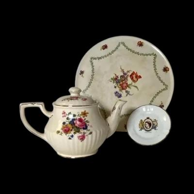Vintage Sadler Floral Teapot + English Floral Serving Plate & Queen Elizabeth II Coronation Pin Dish