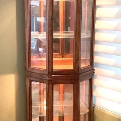 3. Vintage Wood Corner Display Curio – Illuminated, Glass Panels
